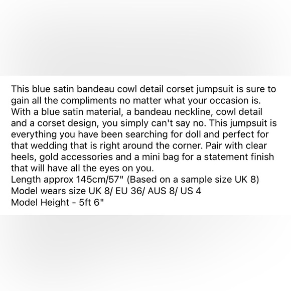 Blue Satin Bandeau Cowl Detail Corset Jumpsuit (sizes 10 & 12) - Picture 5 of 7